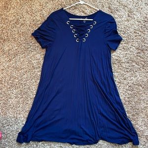 Navy tshirt dress with cross cross front